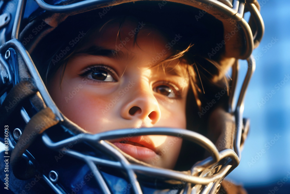 A close up of a child wearing a baseball helmet. Boy in a helmet. Sports protective equipment. Children's sports. A close up of a child wearing a baseball helmet. Boy in a helmet. Sports protective equipment. Children's sports.