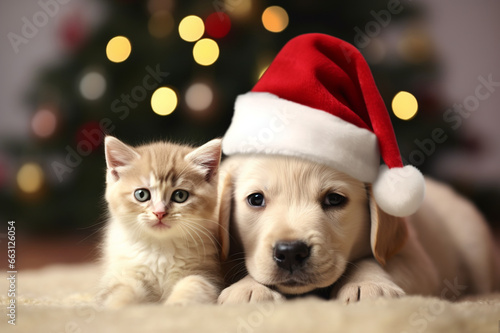 Kitten and puppy in santa claus hat under the Christmas tree