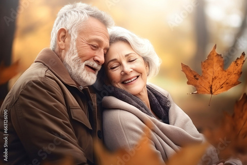 An elderly couple, a man and a woman, hugging in an autumn park. They look at each other with a loving gaze. Old people on a walk. Relationships in old age. Love and romance.