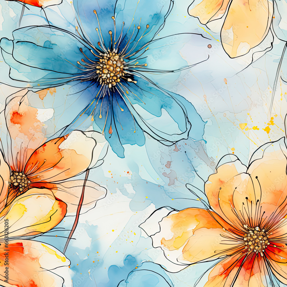 Seamless watercolor decorative flowers pattern, ai generative background
