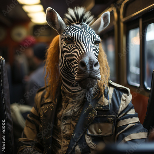 Portrait von einem Zebra der im Anzug in einem Bus sitzt