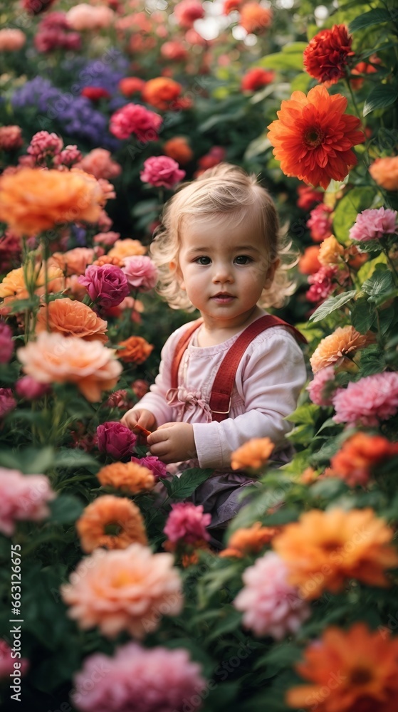 garden or park, place the baby among vibrant flowers and foliage garden or park, place the baby among vibrant flowers and foliage