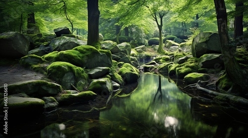 A secret grove  where moss-covered stones encircle a tranquil pond  its surface like a polished gem