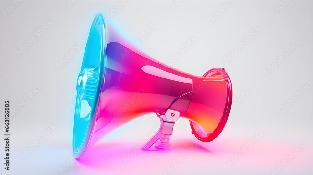 colorful neon megaphone on light background with free text space