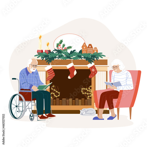 Reading old man in wheelchair. Disabled elderly man spending time together with his wife near the fireplace decorated for Christmas holiday. Vector cute flat illustration isolated on white background