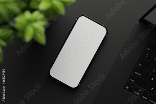 Top view of smartphone with blank white screen, laptop and indoor plant on black background