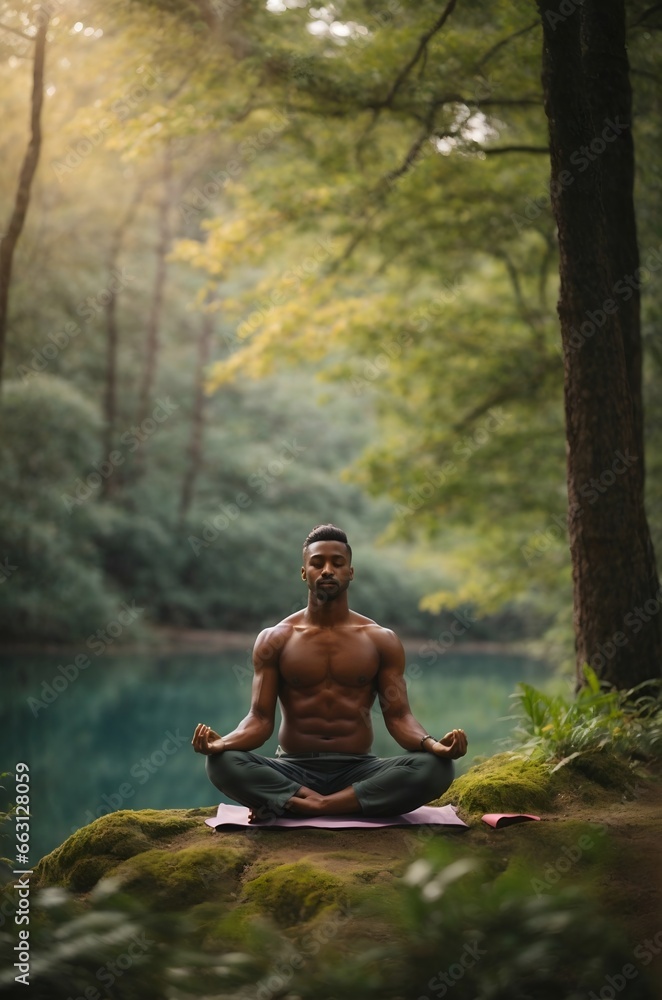 A  male person practicing yoga in a natural setting