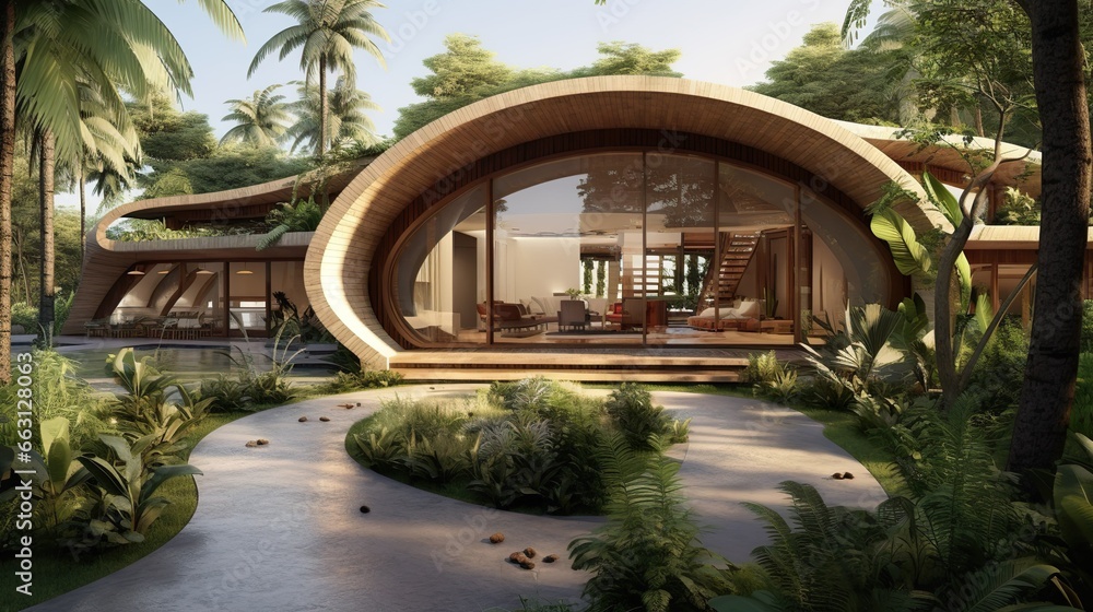 Modern Tropical House Open Living Concept Curved Design Arch Door With Garden and Small Farms Outdoor Modern Tropical House Open Living Concept Curved Design Arch Door With Garden and Small Farms Outdoor