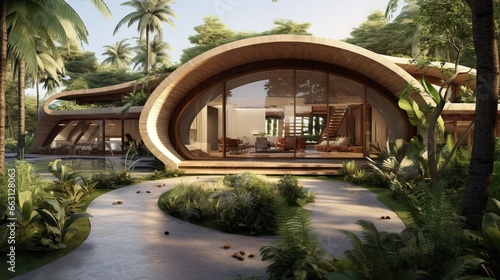 Modern Tropical House Open Living Concept Curved Design Arch Door With Garden and Small Farms Outdoor © arthyeon