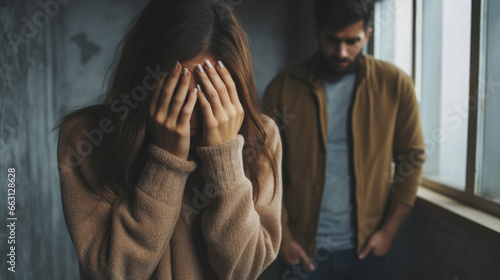 woman covers her face with her hands, man, domestic violence, sadness, pain, quarrel, spouses, depression, grief, young girl, fear, husband, wife, misunderstanding, psychological, feelings, emotions