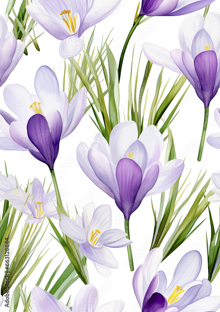 Naklejka premium seamless pattern with purple flowers, crocuses, ornament, wallpaper, floral, plant, white background, gardening, bloom, spring, nature, bud, green, blue, petals, leaves, grass, watercolor painting