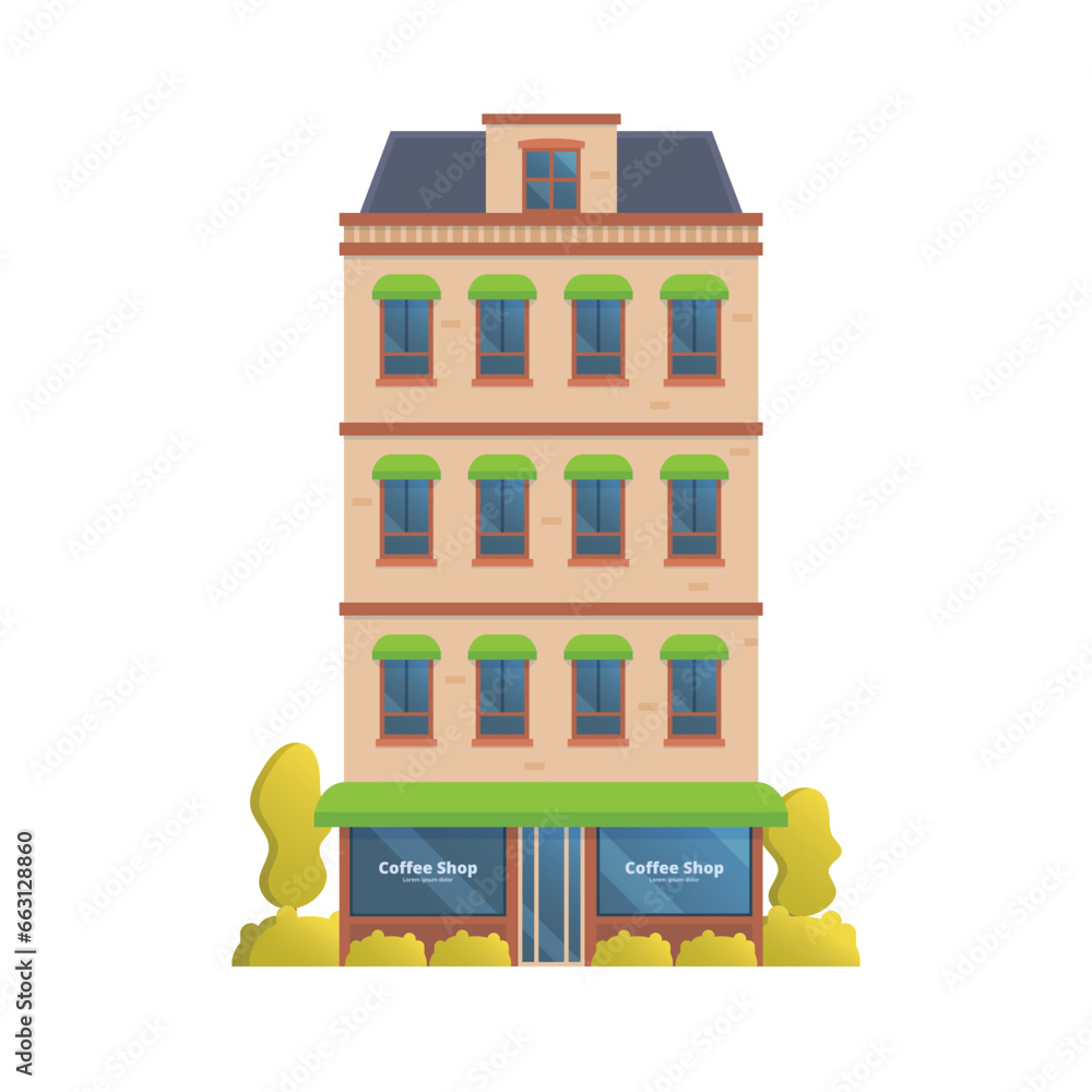 Vector illustration of townhouse and store buildings flat and front view isolated on white background for your design Vector illustration of townhouse and store buildings flat and front view isolated on white background for your design
