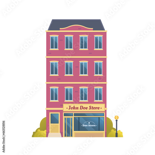 Fototapeta Naklejka Na Ścianę i Meble -  Vector illustration of townhouse and store buildings flat and front view isolated on white background for your design