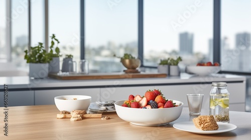 A sleek, modern loft kitchen with an exquisitely set table, featuring artisanal granola, Greek yogurt, and a selection of fresh berries, bathed in soft morning light photo