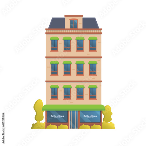 Fototapeta Naklejka Na Ścianę i Meble -  Vector illustration of townhouse and store buildings flat and front view isolated on white background for your design