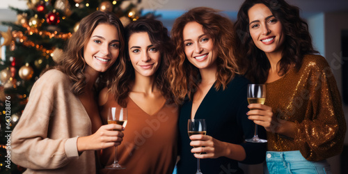 four beautiful women who celebrate the new year or Christmas with glasses of champagne at home party