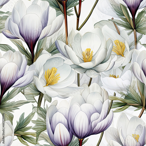 seamless pattern with purple flowers  crocuses  ornament  wallpaper  floral  plant  white background  gardening  bloom  spring  nature  bud  green  blue  petals  leaves  grass  watercolor painting