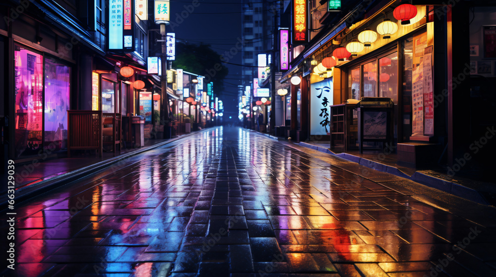 Japan neon lights wet road street background