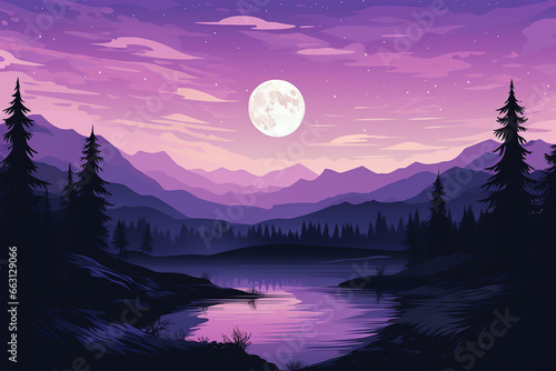 vector illustration of sunset view on purple silhouette river © Yoshimura