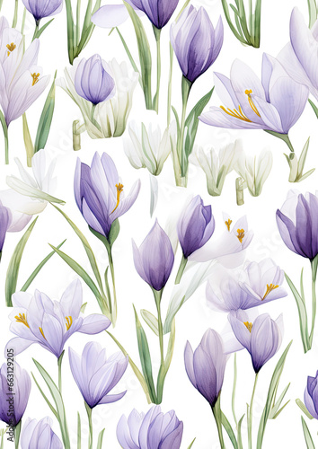 seamless pattern with purple flowers  crocuses  ornament  wallpaper  floral  plant  white background  gardening  bloom  spring  nature  bud  green  blue  petals  leaves  grass  watercolor painting