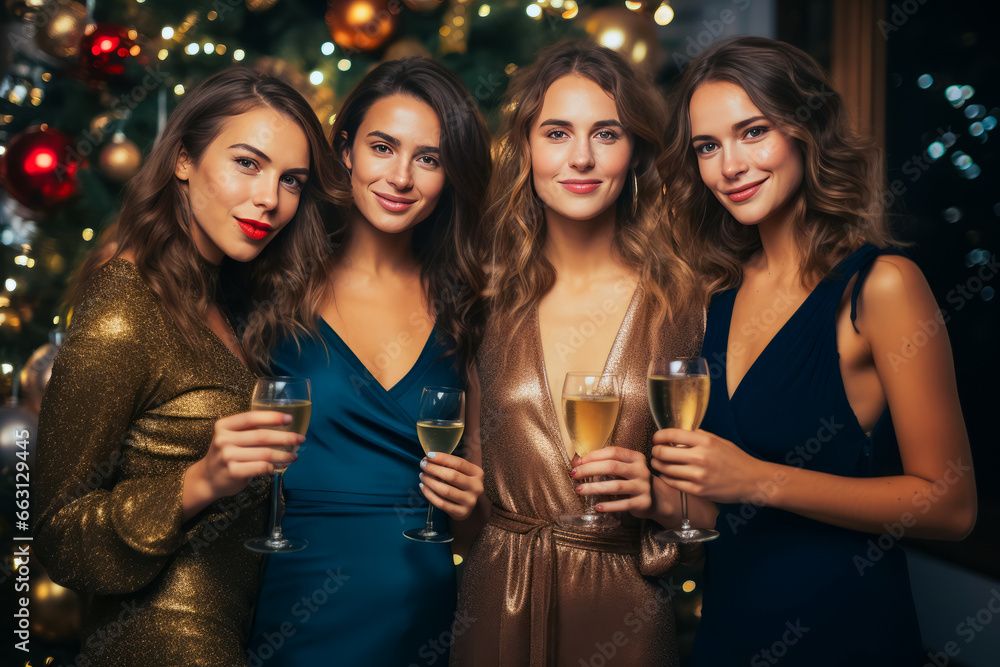 four beautiful women in evening dresses who celebrate the new year or Christmas with champagne
