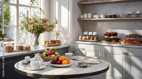 A sophisticated urban breakfast nook  with a gleaming white marble countertop displaying a selection of fresh-baked pastries  colorful fruit parfaits  and artisanal espresso cups