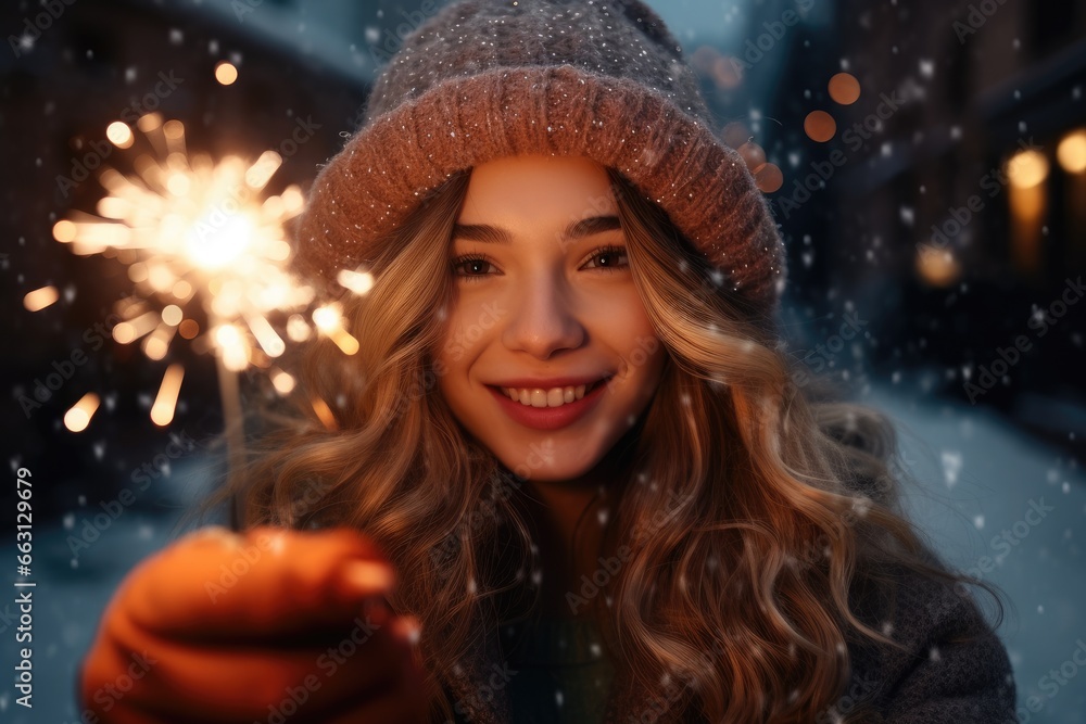 Young woman holding a sparkler in the Christmas season Young woman holding a sparkler in the Christmas season