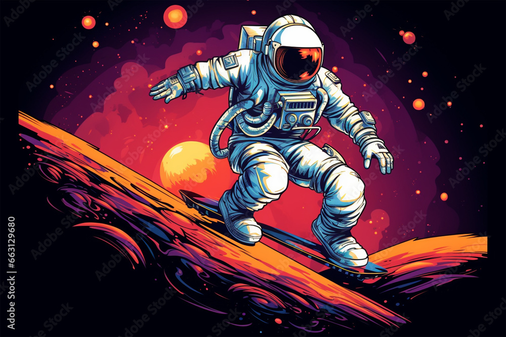 vector illustration of a scene of astronauts skating in the asteroid belt