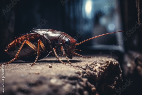 A close - up of a cockroach in urban alley