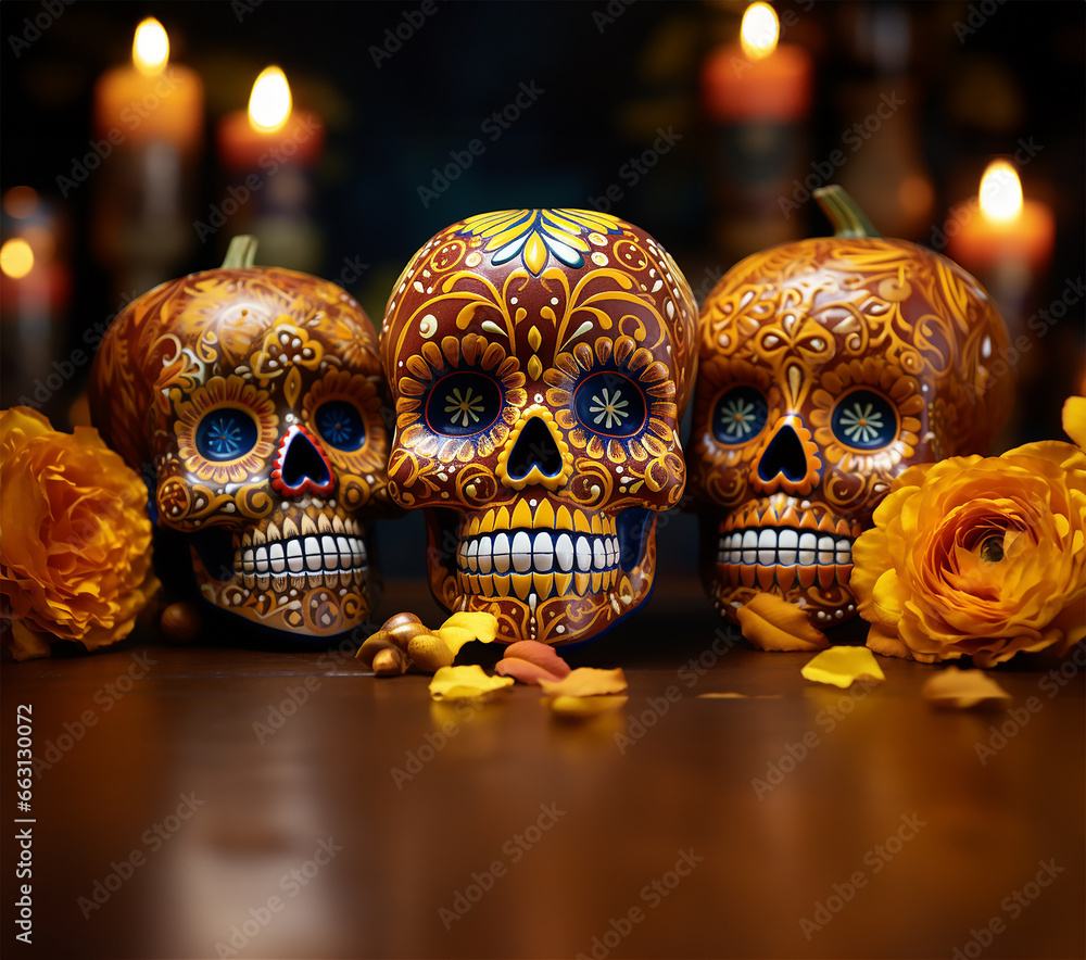 A vibrant festive backdrop celebrating Dia de los Muertos A vibrant festive backdrop celebrating Dia de los Muertos