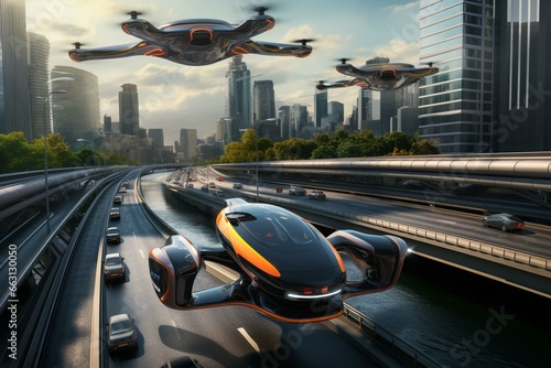 Drone taxi hovers above congested road. Futuristic transportation concept. Generative AI
