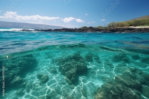 Beautiful turquoise ocean in Hawaii. Crystal clear summer sea with refreshing waves. Generative AI