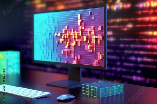 Computer monitor with programming illustration, data and blockchain concept. 3D rendering. Generative AI