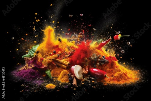 Colorful explosion of spices on black background. Generative AI