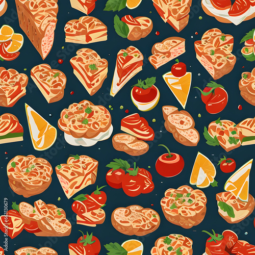 Seamless pattern of delicious gourmet. Cartoon style. Repeatable image background. Generative AI.