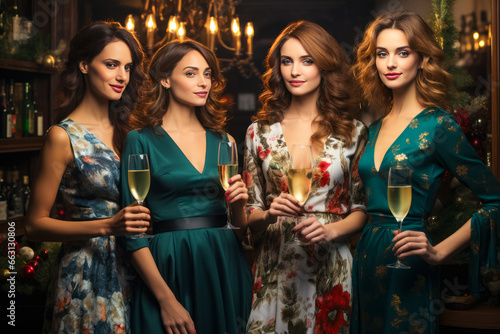 four beautiful women in evening dresses who celebrate the new year or Christmas with champagne