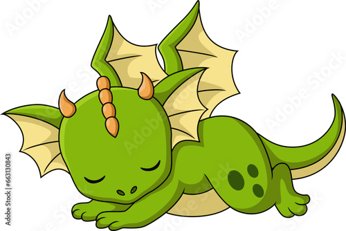 Cute green dragon sleeping on white background