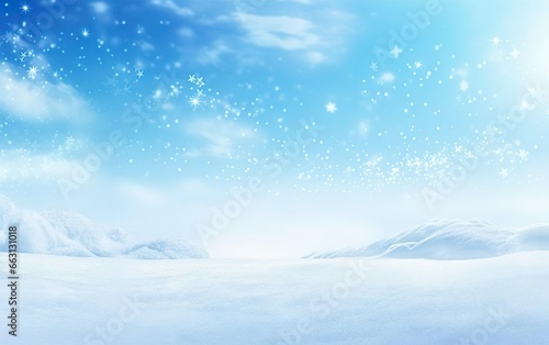 White and blue background banner with snowdrifts, snowflakes and sunlight © your_inspiration