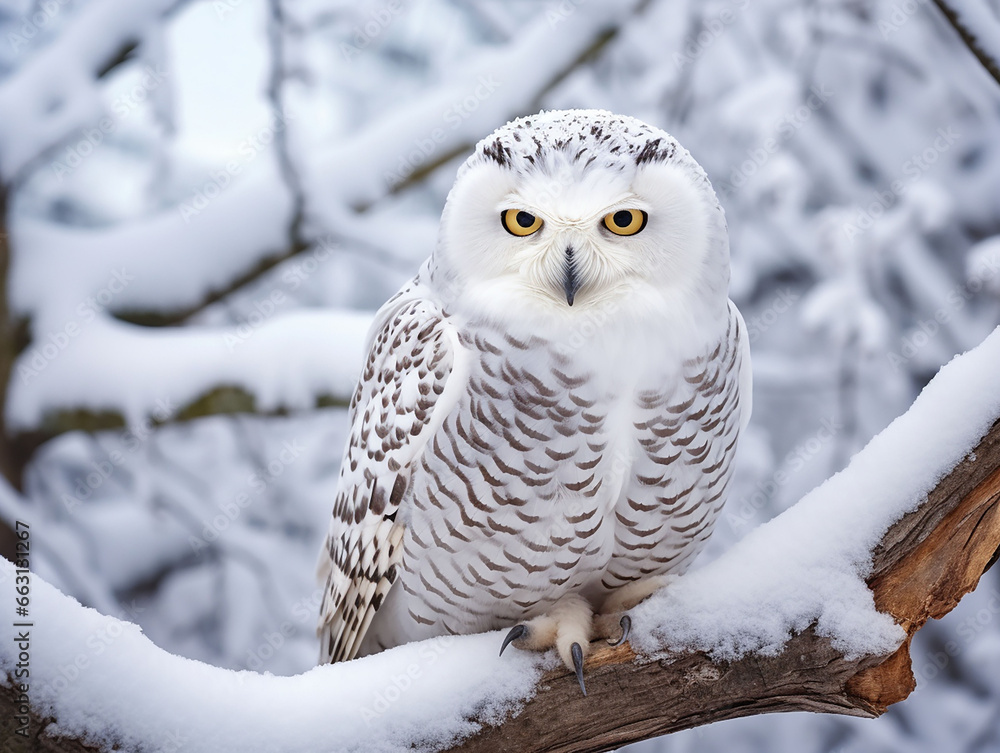 white owl sitting on branch with snow in winter forest white owl sitting on branch with snow in winter forest