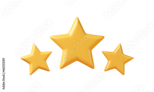Three yellow stars glossy colors. Achievements for games. Customer rating feedback concept  satisfaction review service  best quality  ranking icon or feedback success sign. Rating star symbol