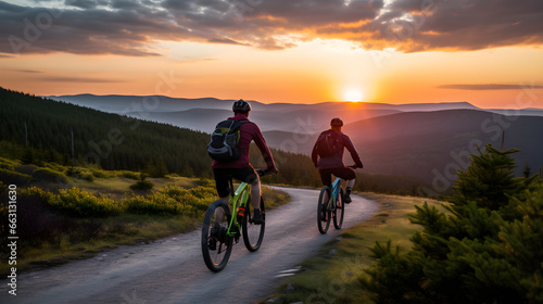 A young man and his friend are riding an exercise bike on a beautiful mountain path in the morning.