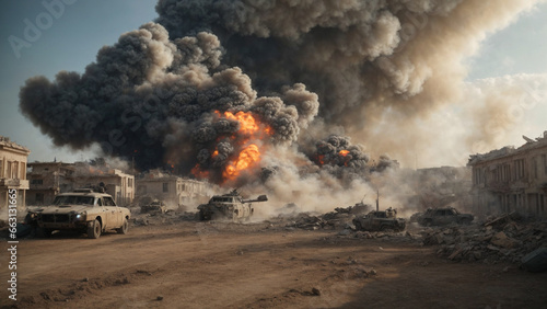 battlefield situation background, there are ruins of buildings, explosion, sand and damaged vehicles photo