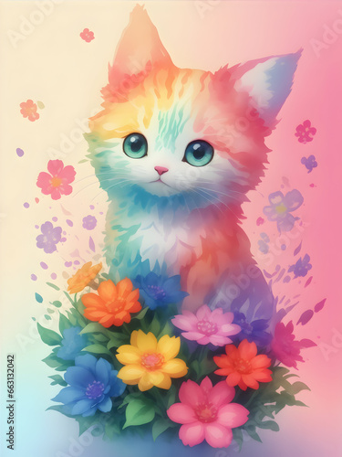 Cute cat and pastel flowers   ai generative