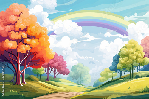vector illustration of a rainbow view in the village
