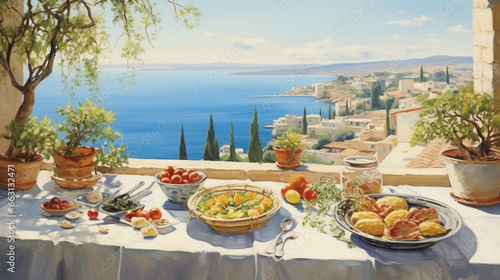 A sunlit Mediterranean terrace, boasting a spread of warm pita, creamy hummus, olives, and vine-ripened tomatoes, with a view of the azure sea in the background