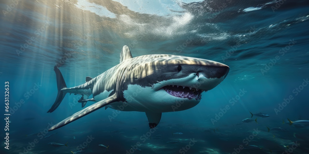 Fototapeta premium a image great white shark underwater with beautiful view, AI Generative