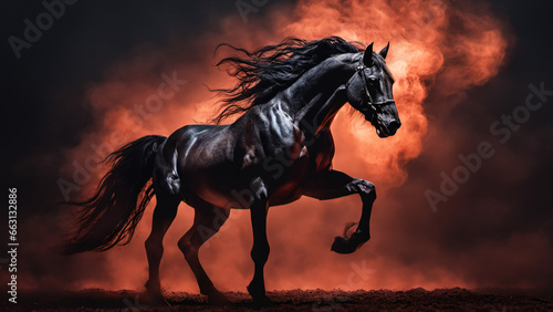 A black horse with a ferocious temperament that had fire coming from its body © Natthithin