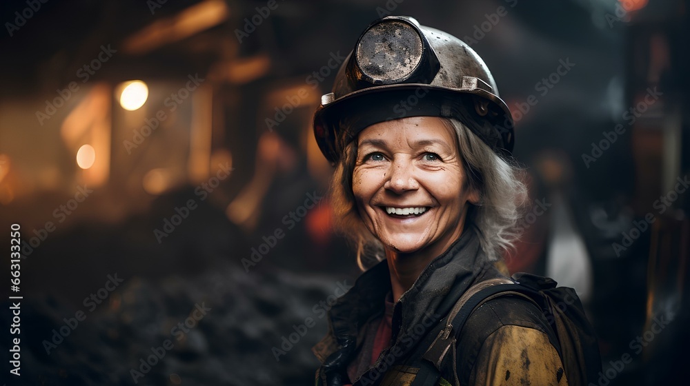 A smiling woman in years, a miner in a helmet, a worker in the coal mining industry. A smiling woman in years, a miner in a helmet, a worker in the coal mining industry.