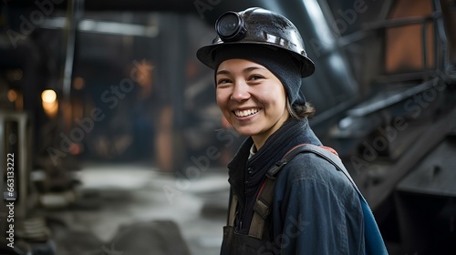 A smiling woman in the years of a miner in a helmet is standing.