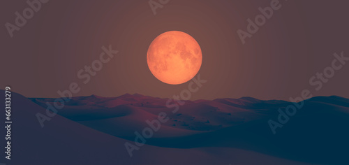Beautiful sand dunes in the Sahara desert at sunrise with super full moon - Sahara  Morocco  Elements of this image furnished by NASA 